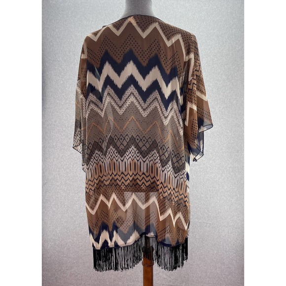 Lularoe Monroe Duster Kimono Womens Size Large Boho Brown Multi with Fringe - Picture 2 of 8